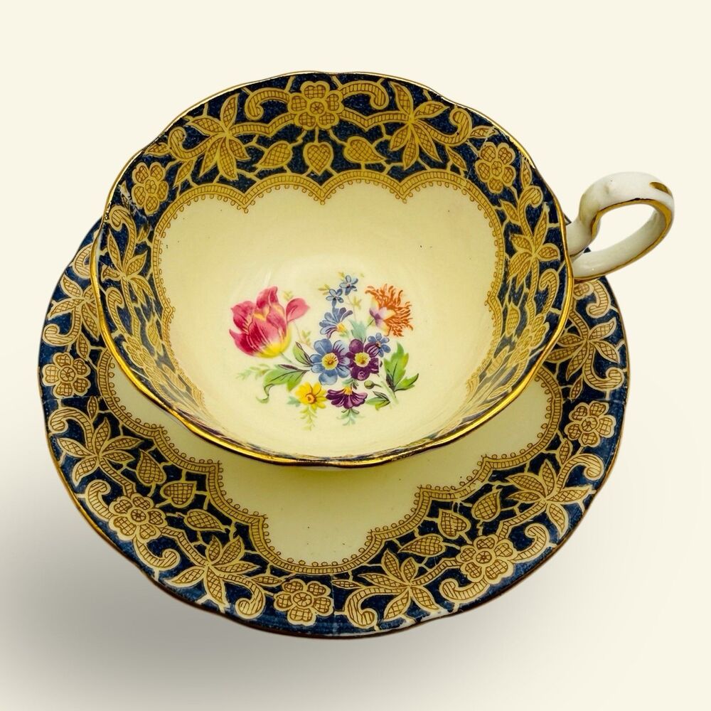 Aynsley Tea Cup Saucer Footed Royalty Pattern Cobalt Blue Gold Gilt #6874